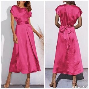NWT PRETTYGARDEN 2023 Summer Satin Midi Cap Sleeve Tie Waist Elegant A-L…